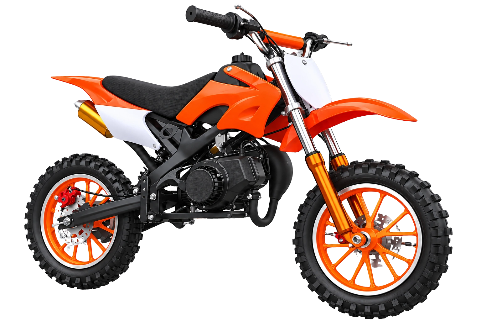 Illustrative render of the orange, black and white KidMoto 49cc dirt bike