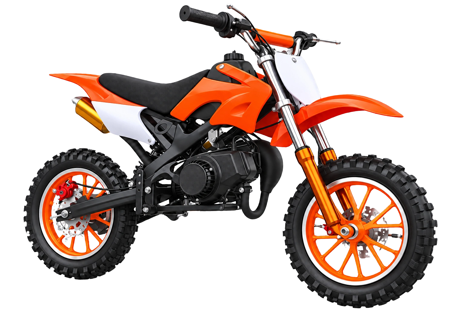 Three-quarter studio render of the KidMoto 49cc dirt bike
