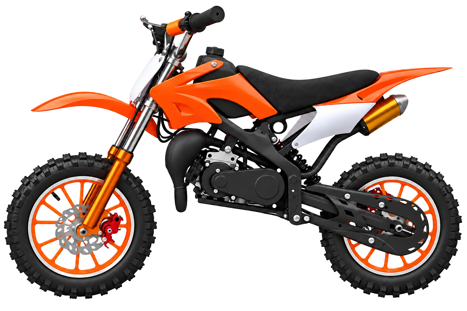 Illustrative side view of the orange, black and white KidMoto 49cc dirt bike